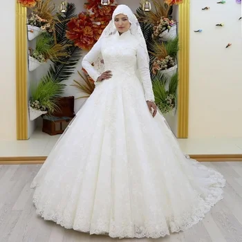On Zhu Саудовско-Арабские Свадебные Платья с Длинными Рукавами и Мусульманскими Кружевными Аппликациями 2023, Бальное Платье С Высоким Вырезом, Свадебные Платья vestido