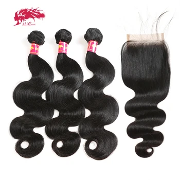 Ali Queen Hair Бразильская Объемная волна, Пучки необработанных девственных волос с застежкой 4x4, прозрачная кружевная застежка HD С детскими волосами, свободная часть