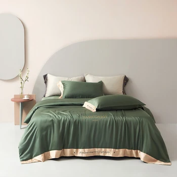2023 постельное белье из четырех предметов, простая хлопчатобумажная двойная домашняя простыня, стеганое одеяло, вышитая саржа, удобное постельное белье темно-зеленого цвета