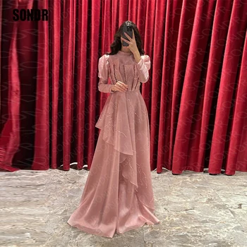 SONDR Новейшее розовое многоуровневое платье с блестящими бусинами для выпускного вечера с длинными рукавами, Вечерние платья для вечерних мероприятий, Vestidos