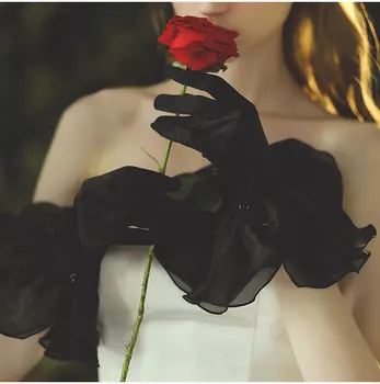 Готические черные атласные свадебные перчатки для свадьбы с фатиновыми оборками на пальцах и запястьях Аксессуары для подружек невесты короткое платье mariage femme