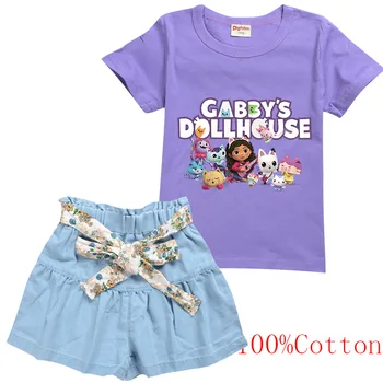 2023 Летняя Милая Одежда для кукольного домика Gabbys, Повседневная одежда для маленьких девочек, Костюм для девочек с кошачьими играми, Футболки для мальчиков + джинсовые костюмы