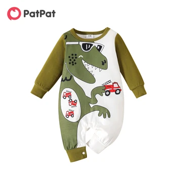 Комбинезон PatPat для маленьких мальчиков из 95% хлопка с длинными рукавами и рисунком динозавра и транспортного средства