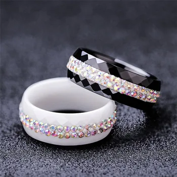 ZORCVENS, черно-белое 2-рядное керамическое кольцо с кристаллом AB шириной 8 мм, женское обручальное кольцо, подарки для женщин