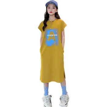 Футболки для подростков, детская одежда, летние платья для маленьких девочек, повседневная футболка 2023, новые модные топы в корейском длинном стиле, футболки
