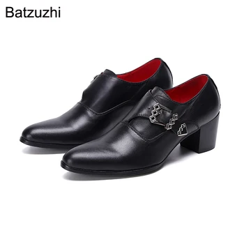 Batzuzhi/ мужская обувь на высоком каблуке 7 см, черные модельные туфли из натуральной кожи с острым носком, мужская кожаная обувь в деловом стиле с пряжкой и ремешком, мужские!