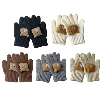 Детские перчатки с мультяшным медведем для мальчиков и девочек, зимние шерстяные теплые перчатки с пятью пальцами, Корейские детские уличные аксессуары для снега