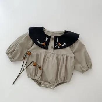 Осенний комбинезон с отворотом и винтажной вышивкой для маленьких девочек 2023 года, детский хлопковый комбинезон с длинными рукавами, цельный