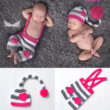 Розовая вязаная крючком детская шапочка с длинным хвостом, шапочки и штаны ручной работы в полоску для малышей, реквизит для фотосъемки новорожденных 0-9 месяцев