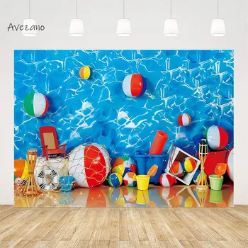 Фотография на заднем плане Avezano Летняя вечеринка у бассейна Водные волны Плавание с мячом Детский День рождения Портретный фон Декор для фотостудии Реквизит