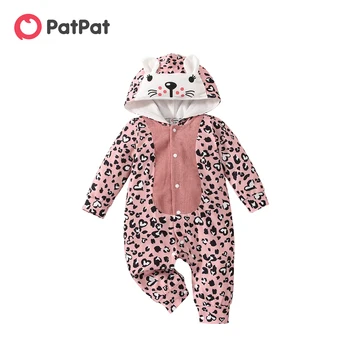 Комбинезон PatPat для маленьких девочек с розовым леопардовым принтом и 3D ушками, капюшоном и длинными рукавами, сшитый сплайсингом