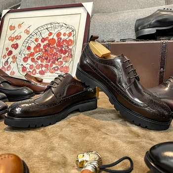 Кожаная мужская обувь ручной работы, Увеличивающая Рост, Британская Шнуровка, Новая Деловая повседневная модельная обувь с перфорацией типа 