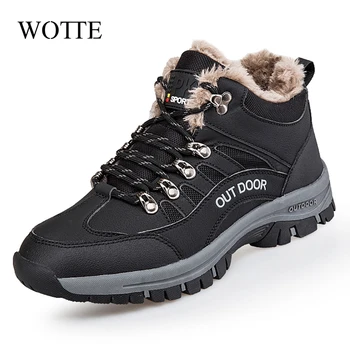 Зимние Теплые плюшевые зимние ботинки, Высококачественные водонепроницаемые кожаные мужские ботинки, уличные резиновые ботильоны на шнуровке, мужские кроссовки, Размер 39-46