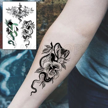 Наклейка с татуировкой Змеиный Крест, сексуальная Девушка, элемент Розы, временные поддельные татуировки для женщин, мужчин, боди-арт