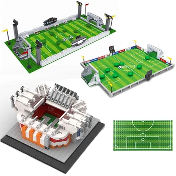 модель городского футбольного поля, строительные блоки, кирпичи, игроки стадиона, совместимая команда, футбольные ворота, спортивная опорная плита