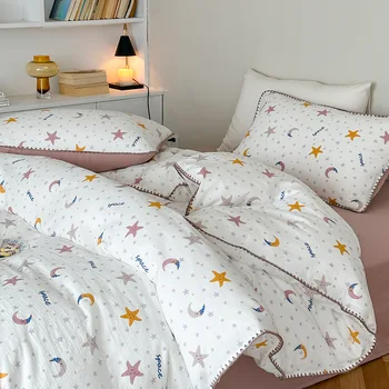 Хлопковый комплект из четырех предметов из аэробной двойной пряжи, хлопковое стеганое одеяло, приятное для кожи, маленькое постельное белье в цветочек, комплект покрывал для кровати