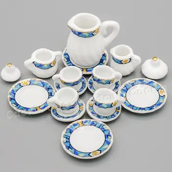 Odoria 1: 12 Миниатюрный 15 шт. фарфоровый набор чайных чашек Средиземноморского Синего Цвета с золотой отделкой, чайная посуда, Аксессуары для кукольного домика, декор