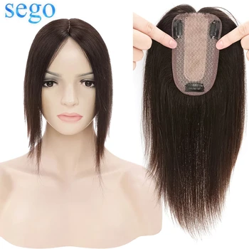 SEGO 7x13 см Шелковая основа для Волос, натуральные человеческие волосы, для женщин, Накладные Парики, Прямые Зажимы в верхней части прически