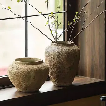 Ретро-ностальгическая ваза из грубой глиняной керамики, вставка из сухих цветов, декоративные украшения в новом китайском стиле, керамика Цзиндэчжэнь