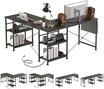 Письменный стол угловой, 95-дюймовый реверсивный Домашний офисный стол с полками для хранения, Большой компьютерный игровой стол с электрической розеткой,