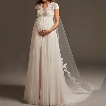 Богемное Тюлевое Кружевное Свадебное платье для беременных с коротким рукавом и открытой спиной Для беременных, Свадебное платье для Robe De Mariee