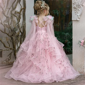 Розовые тюлевые платья с цветочным узором для девочек на Свадьбу, День рождения, Принцессы, Дети, Маленькая Невеста, вечеринка, Первое Причастие, Детское бальное платье
