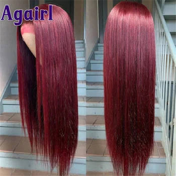 99J Красный прямой парик из натуральных волос спереди, 30 дюймов, прямые парики из человеческих волос с костями, для женщин, предварительно выщипанный перуанский прозрачный парик из натуральных волос спереди