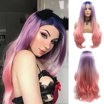 Синтетический парик на кружеве спереди для женщин, темные корни с фиолетово-розовыми волосами, 24 дюйма, парики из высокотемпературного волокна, ежедневное использование для косплея