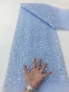 Пудрово-голубая Популярная Итальянская Кружевная сетка с пайетками, испанская ткань Asoebi для шитья свадебных платьев