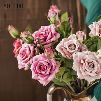 Yo CHO 5 шт./лот, Свадебный букет из Розовых Шелковых Роз, Цветы Для Свадьбы, Сделай САМ, Подружки Невесты, Искусственные Цветы, Букеты из Молочно-белых роз