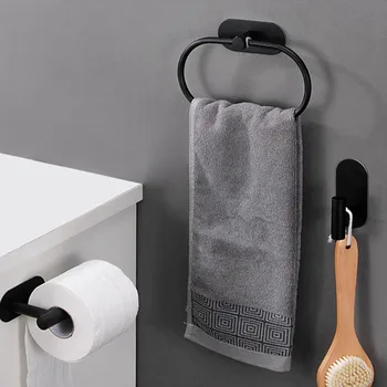 Вешалка для туалетных полотенец, настенный самоклеящийся Держатель для бумаги, Черный Серебряный Рулон, Подставка для бумаги, Кольцо для полотенец, Набор аксессуаров для ванной комнаты