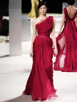 Бордовое платье знаменитостей для женщин Трапециевидной формы с одним плечом, Шифоновое кружевное платье с открытой спиной, знаменитая вечеринка, торжественный случай