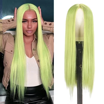 Зеленые прямые кружевные парики спереди для чернокожих женщин, длинная средняя часть, высокотемпературные волокнистые волосы, косплей-парик, 26-дюймовый кружевной фронтальный парик