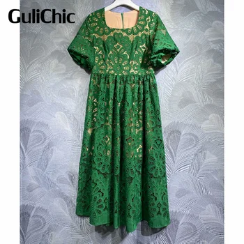 5.17 GuliChic Высококачественный модный дизайн, Зеленое Свободное платье с квадратным воротником и коротким рукавом с вышивкой, открытое, женское