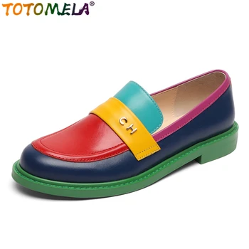 TOTOMELA/ Женская обувь из натуральной коровьей кожи на плоской подошве, разноцветные модные женские лоферы, Весенние офисные модельные туфли на плоской подошве, Размер 34-42
