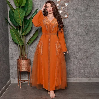 Роскошное Оранжевое мусульманское платье в Рамадан для женщин, Ид, Арабская вечеринка, Джалабия, Марокко, Исламская Турция, платье, Марокканский кафтан, халат