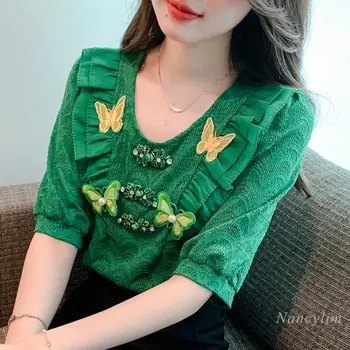 2023 Летний Пуловер, зеленая кружевная рубашка для женщин, Новый топ с пряжкой и бабочкой в китайском стиле, женские блузки с коротким рукавом