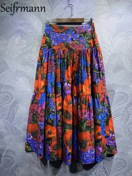 Seifrmann/ Высококачественные Осенние женские модные Дизайнерские Хлопковые юбки Большого размера с высокой талией, Повседневные юбки Трапециевидной формы Миди с цветочным принтом