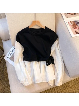 Весна 2023, женская мода, круглый вырез, вязаный край, Ретро-рубашка, Корейский повседневный пуловер с длинными рукавами, женская одежда