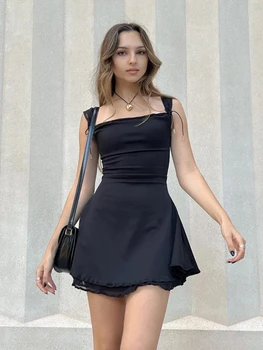 Весенне-летнее Женское платье-комбинация, Уличная Одежда, Повседневное Элегантное Модное Реверсивное черное мини-короткое платье с открытыми плечами, Новинка 2023 года