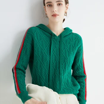 Кашемировый свитер с контрастной строчкой, капюшоном и длинными рукавами, Женский вязаный пуловер, высококачественная осенне-зимняя шерстяная толстовка 2022