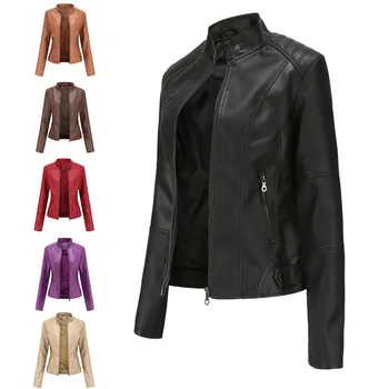 Женская кожаная куртка, приталенная куртка, тонкая весенне-осенняя куртка, женская одежда, кожаная куртка со стоячим воротником