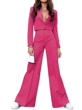 Элегантный женский костюм-двойка с укороченным блейзером с длинным рукавом и брюками с высокой талией - идеально подходит для бизнеса и офиса