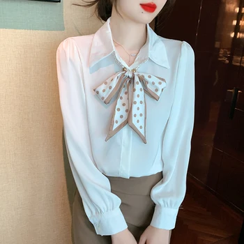 Женская рубашка с галстуком-бабочкой, однобортные атласные женские топы, Корейские модные Элегантные блузки с отложным воротником и длинным рукавом для женщин