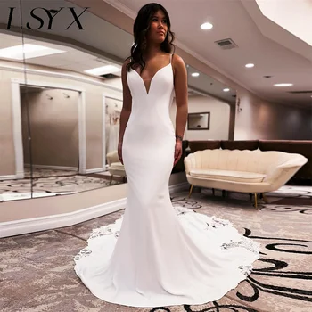LSYX, Креповое Белое свадебное платье Русалки без рукавов с глубоким V-образным вырезом, 2023, Кружевное свадебное платье на бретельках с открытой спиной, сшитое на заказ