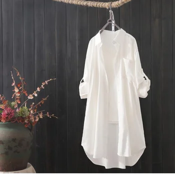 Белая рубашка для женщин 2023, весна-лето, корейская мода, простые однотонные длинные рубашки, Женские Свободные дышащие рубашки миди и блузки