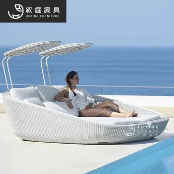 Кровать для отдыха на открытом воздухе, внутренний двор, балкон, стул из ротанга, бассейн отеля, простой пляж, имитация стула из ротанга