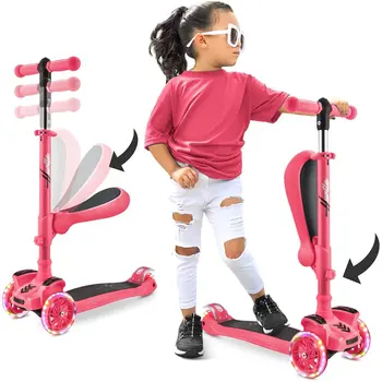Детский самокат ScootKid с 3 колесами - Игрушечный самокат для детей и малышей со встроенными светодиодными фонарями на колесах, раскладывающимся комфортным сиденьем (возраст от 1 года) (Арбуз