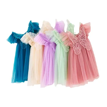 2023 Летнее Новое Детское Сетчатое платье Принцессы с крыльями бабочки Для девочек, платье-слинг с развевающимися рукавами, Детские Пышные вечерние платья