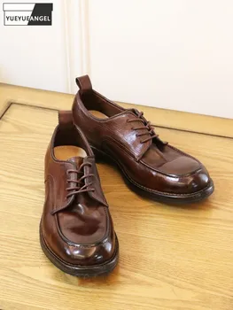 Мужская Официальная обувь Из конской кожи, Винтажные Вымытые Модельные туфли из натуральной кожи с круглым носком, Рабочие туфли-дерби для деловых Людей, Индивидуальные 15 дней